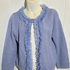 Ruby Rd. Petite Women's Blue Cardigan Sweater fringe trim size Petite Large